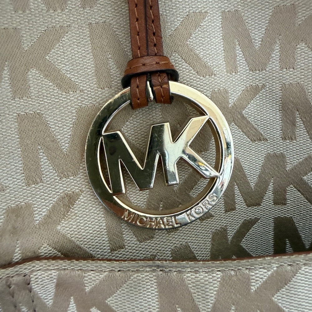 Michael Kors Monogram Canvas Tote Bag Beige Tan Leather Trim Gold Hardware - Picture 2 of 9